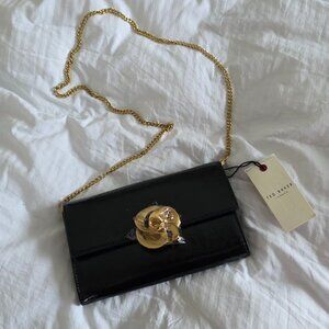 Ted Baker London Kira Rose Clutch Brushed Gold Black Leather Shoulder Bag New